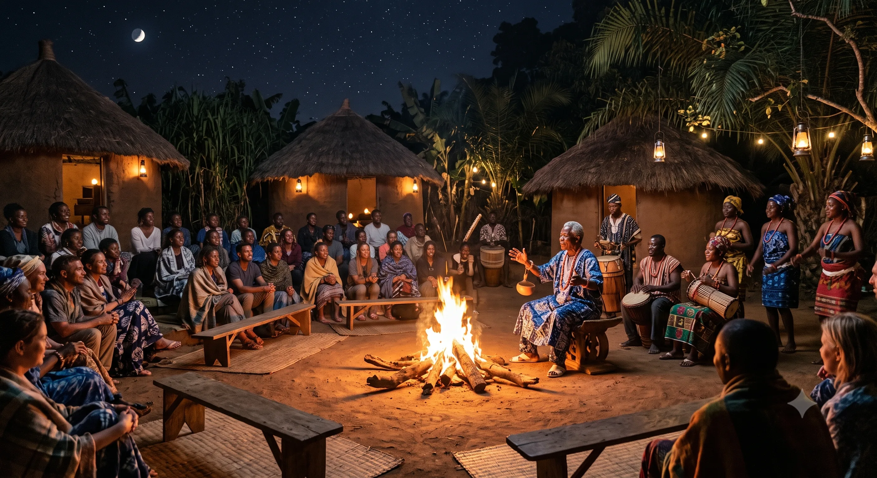 Guests gathered by firelight for a storytelling circle at Agbala