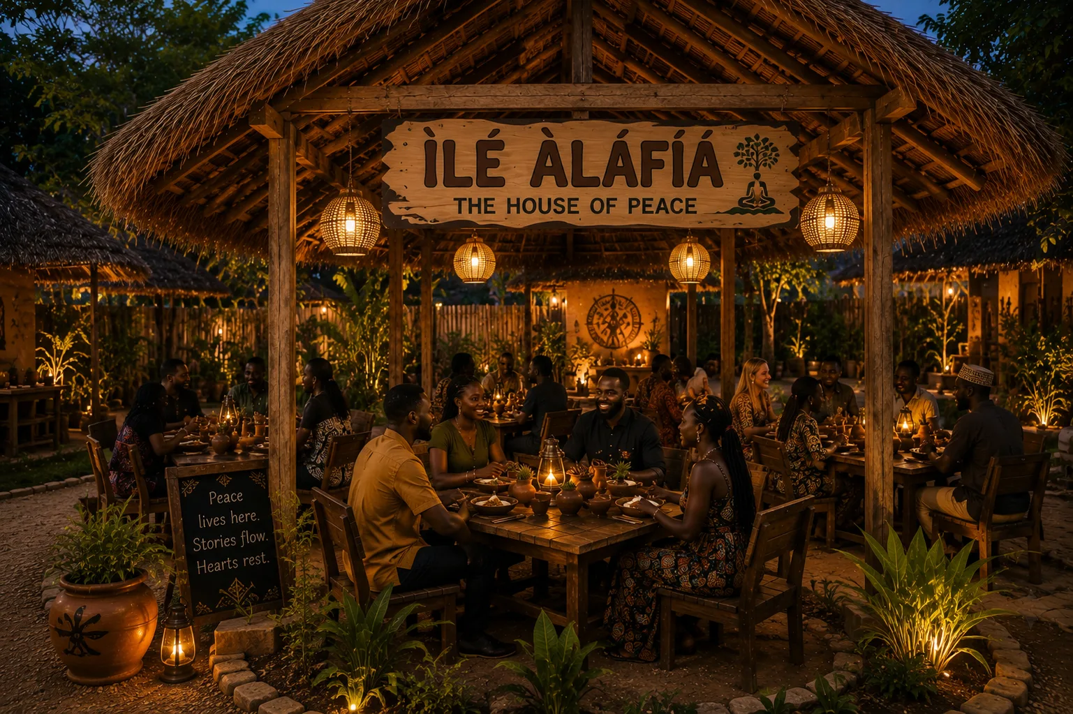 Ilé Àláfíà — a peaceful thatched dining space where the chalkboard reads 'Peace lives here. Stories flow. Hearts rest.'