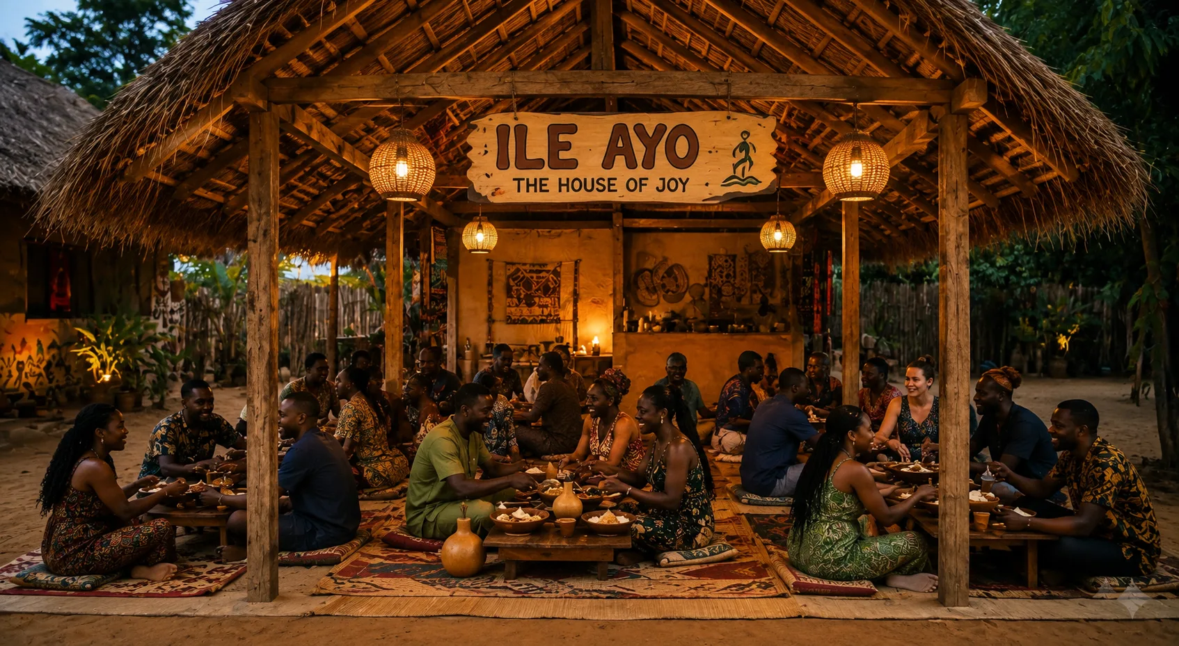 Guests gathered on floor mats under a thatched roof at Ìlú Ìtàn