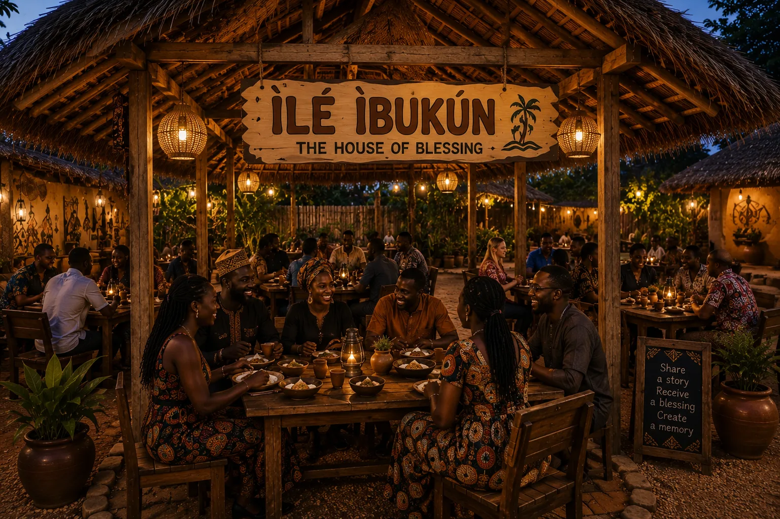 Shared tables under a thatched roof, lit by lanterns at dusk