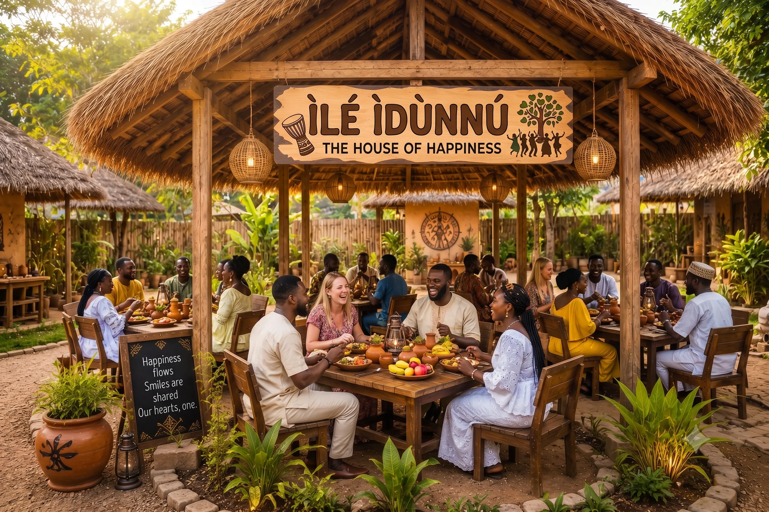 Ilé Ìdùnnú — a bright, joyful dining scene where the chalkboard reads 'Happiness flows. Smiles are shared. Our hearts, one.'