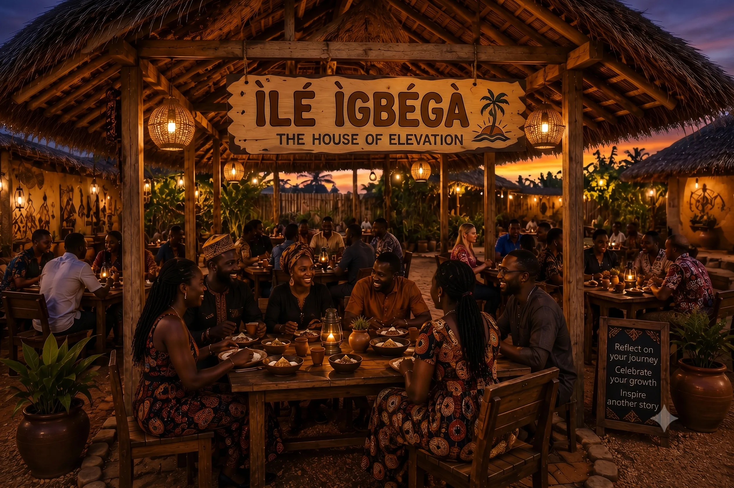 Ilé Ìgbégà — guests dining at dusk where the chalkboard reads 'Reflect on your journey. Celebrate your growth. Inspire another story.'