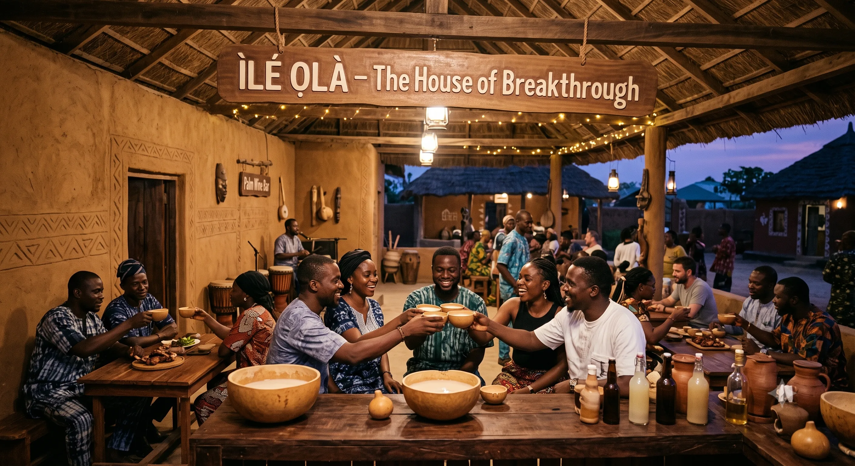 Ilé Ọlà — friends raising calabashes of palm wine at the Palm Wine Bar, with live music playing